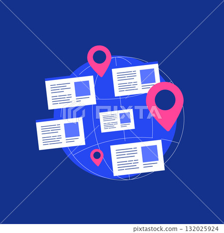 Global news map - pins pink markers on blue world globe with browser-like windows for international stories, perfect for media coverage and digital journalism visuals. Vector illustration Global news map - pins pink markers on blue world globe with browser-like windows for international stories, perfect for media coverage and digital journalism visuals. Vector illustration 132025924