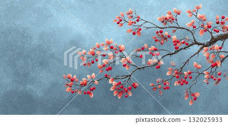 Red berries and leaves on branch with blue textured background Red berries and leaves on branch with blue textured background 132025933