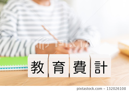 Elementary school boy studying with blocks of educational expenses 132026108