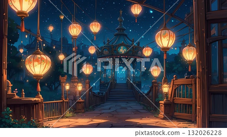Game background: Beautiful illuminated fantasy amusement park scenery at night 132026228