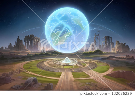Game background: A wilderness landscape with a magic circle where energy takes the shape of the earth Game background: A wilderness landscape with a magic circle where energy takes the shape of the earth 132026229