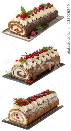 Traditional christmas yule log cake decorated with powdered sugar, meringue mushrooms and holly leaf, isolated on transparent background Traditional christmas yule log cake decorated with powdered sugar, meringue mushrooms and holly leaf, isolated on transparent background 132026249