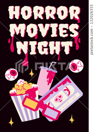 Halloween horror movie poster with a VHS and popcorn. Movie night, festival, celebration. 132026355
