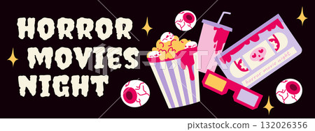 Halloween horror movie banner with a VHS and popcorn. Movie night, festival, celebration 132026356