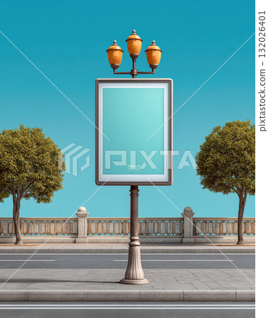 Blank vertical billboard on street with vintage lamp and trees 132026401