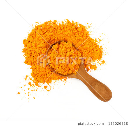 Wooden scoop spoon full of yellow turmeric powder Wooden scoop spoon full of yellow turmeric powder 132026518