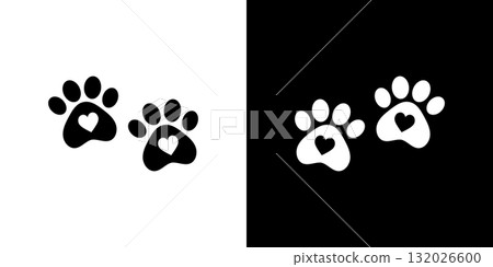 Two Paw Prints with Heart Icon for Pet Love and Care. 132026600