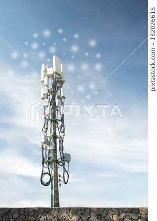 telecommunication mast TV antennas wireless technology with blue sky 132026618