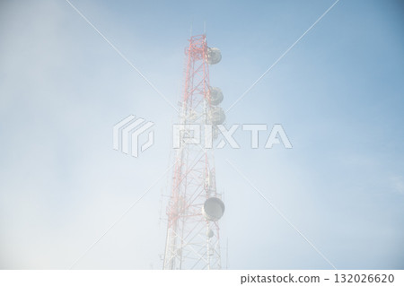 telecommunication mast TV antennas wireless technology with blue sky 132026620