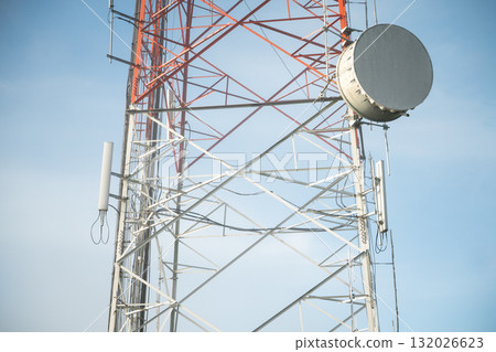 telecommunication mast TV antennas wireless technology with blue sky 132026623