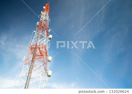 telecommunication mast TV antennas wireless technology with blue sky 132026624