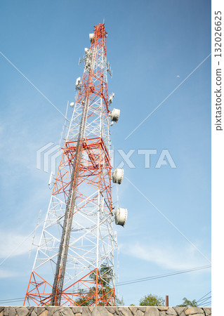 telecommunication mast TV antennas wireless technology with blue sky 132026625