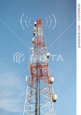 telecommunication mast TV antennas wireless technology with blue sky 132026626