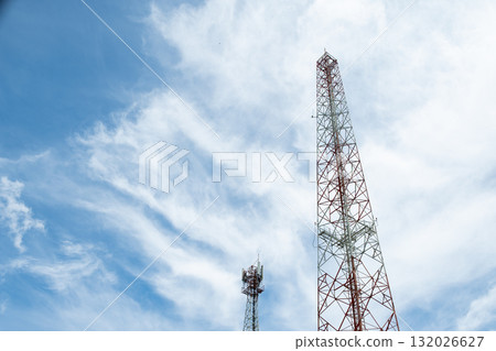 telecommunication mast TV antennas wireless technology with blue sky 132026627