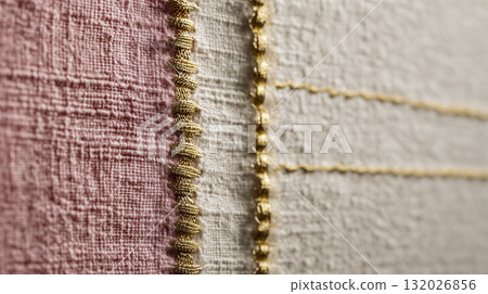 Macro detail of pink and white fabric sewn with gold embroidery Macro detail of pink and white fabric sewn with gold embroidery 132026856