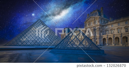 Stunning view of the Louvre Pyramid under a starry night sky in Paris Stunning view of the Louvre Pyramid under a starry night sky in Paris 132026870