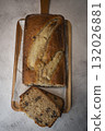 Delicious homemade banana bread sliced and ready to enjoy 132026881