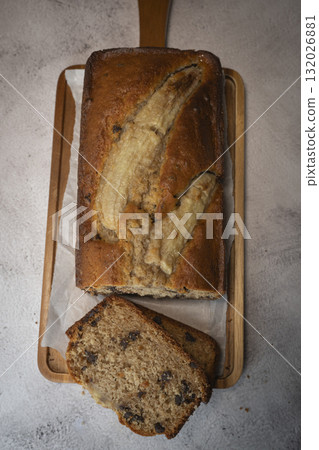 Delicious homemade banana bread sliced and ready to enjoy 132026881