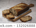 Delicious homemade banana bread sliced and ready to enjoy 132026888