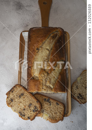 Delicious homemade banana bread sliced and ready to enjoy Delicious homemade banana bread sliced and ready to enjoy 132026889