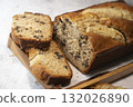Delicious homemade banana bread sliced and ready to enjoy 132026890