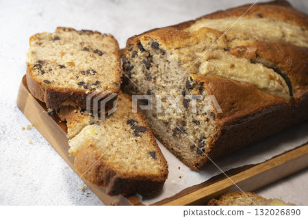 Delicious homemade banana bread sliced and ready to enjoy 132026890