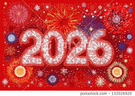 Ai generated Fireworks exploding behind 2026 sign celebrating new year 132026920