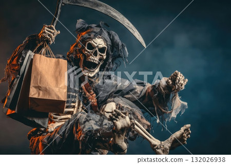 Ai generated Person wearing death grim reaper costume holding shopping bags in a mall. 132026938