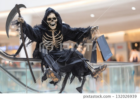 Ai generated Happy funny person in Halloween grim reaper costume having fun in the mall holding shopping bags 132026939