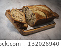 Delicious homemade banana bread sliced and ready to enjoy 132026940