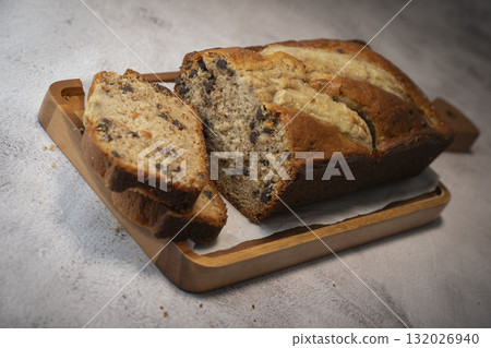 Delicious homemade banana bread sliced and ready to enjoy 132026940
