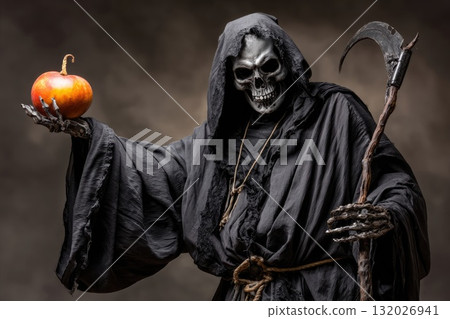 Ai generated Grim reaper holding pumpkin in the dark 132026941