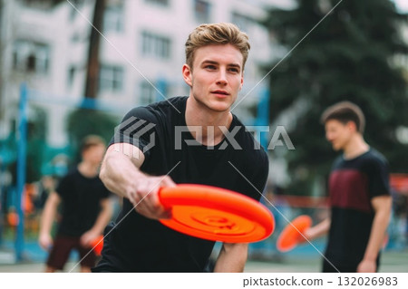 Ai generated Young man playing frisbee with friends outdoors 132026983