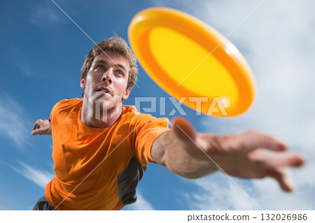 Ai generated Man catching ultimate frisbee disk during outdoor sport 132026986