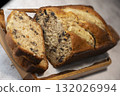 Delicious homemade banana bread sliced and ready to enjoy 132026994
