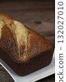 Freshly baked banana bread with golden crust served on a plate 132027010