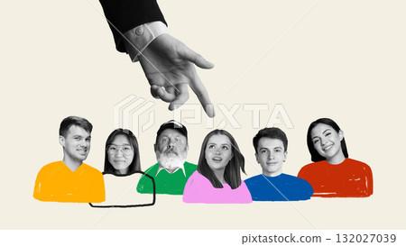 Creative collage. Human hand pointing at person among group of candidates for selection 132027039