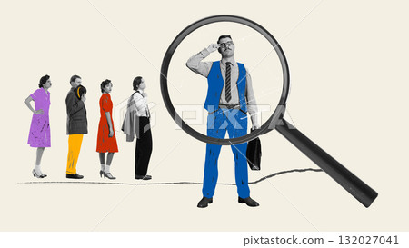 Graphic composition. Magnifying glass highlighting businessman in line of job applicants 132027041