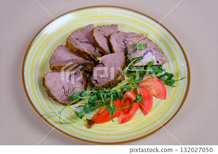 the process of preparing baked pork neck marinade with aromatic spices with salt of pork meat, preparation of pork neck meat for cooking on kebabs 132027050