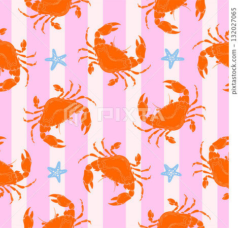 Crab Whimsical Seamless Pattern with starfish on pink striped Background. Vintage coastal print with retro seafood illustration and ocean life. Perfect for marine baby prints, nursery decor 132027065