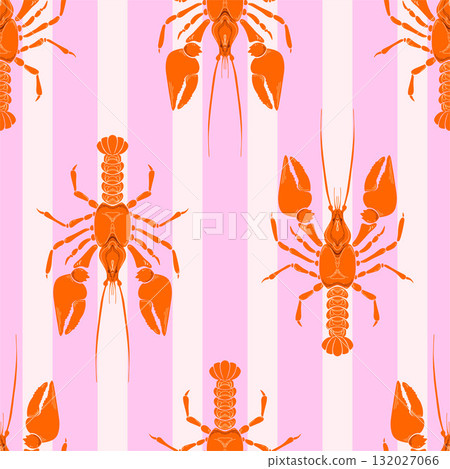 Lobster Whimsical Seamless Pattern on pink striped Background. Vintage coastal print with retro seafood illustration and ocean life. Perfect for marine designs, summer packaging, seaside decor 132027066
