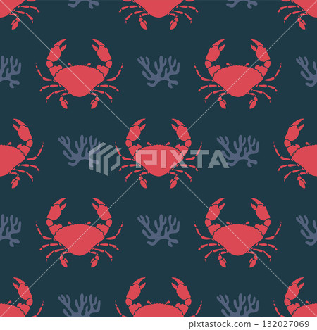 Crab Whimsical Seamless Pattern with coral on dark Background. Vintage coastal print with retro seafood illustration and ocean life. Perfect for marine designs, summer packaging, seaside decor 132027069