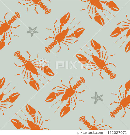 Lobster Whimsical Seamless Pattern with starfish on green Background. Vintage coastal print with retro seafood illustration and ocean life. Perfect for marine designs, summer packaging, seaside decor 132027071