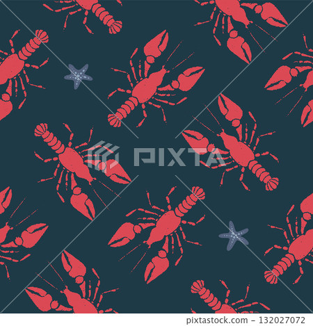 Red Lobster Whimsical Seamless Pattern with starfish on dark Background. Vintage coastal print with retro seafood illustration and ocean life. Perfect for marine designs, summer packaging 132027072
