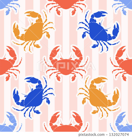 Playful Crab Whimsical Seamless Pattern on pink striped Background. Vintage coastal print with retro seafood illustration and ocean life. Perfect for marine baby prints, nursery decor 132027074