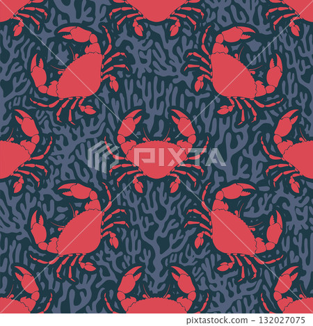 Crab Whimsical Seamless Pattern on dark Background with coral. Vintage coastal print with retro seafood illustration and ocean life. Perfect for marine designs, stylish packaging, seaside decor 132027075