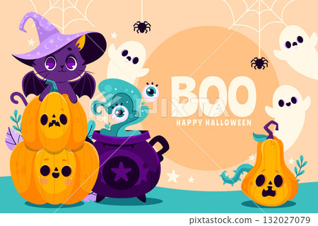 Cute Halloween background with pumpkins ghosts and potions in cartoon style Cute Halloween background with pumpkins ghosts and potions in cartoon style 132027079