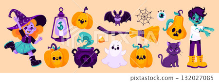 Halloween characters and elements collection in cartoon style 132027085