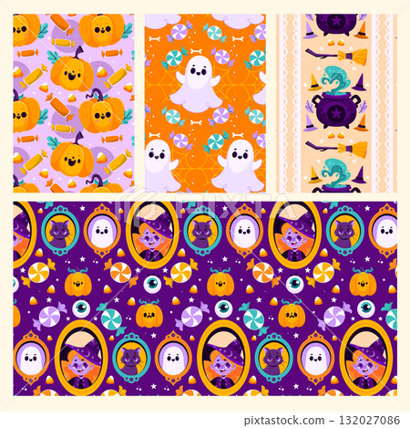 Seamless Halloween patterns with ghosts pumpkins and witches in cartoon style 132027086