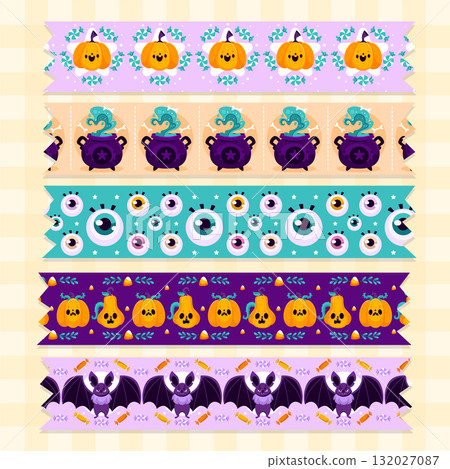 Seamless Halloween decorative borders with pumpkins bats and eyes in cartoon style 132027087